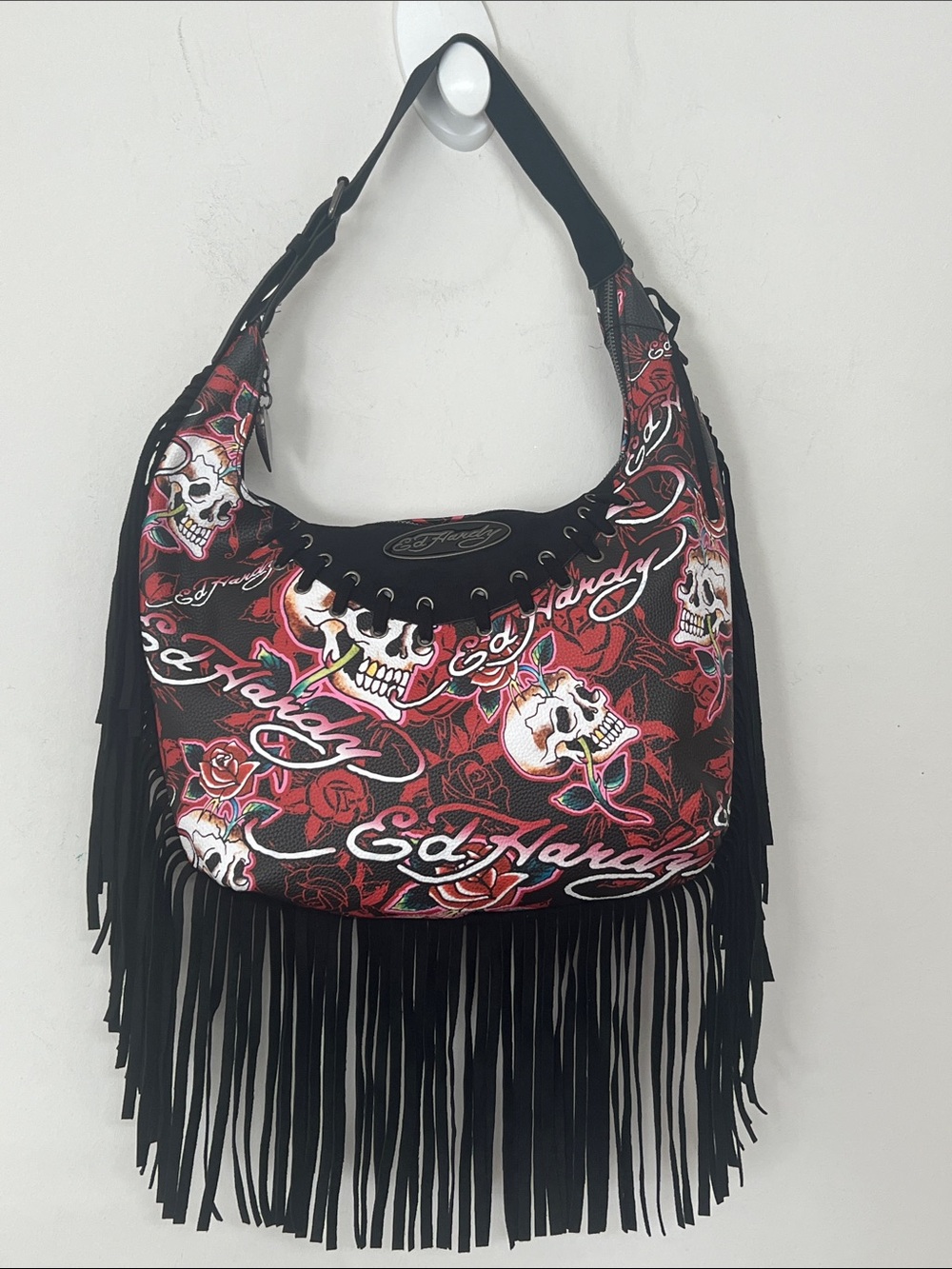 🌞 Ed Hardy trendy edgy Black &Red Skull & Roses Fringe Shoulder Bag